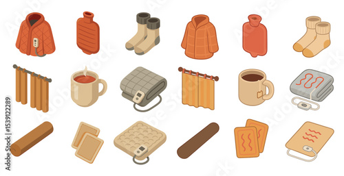 Cozy winter isometric icons set – warm, home, seasonal comfort symbols