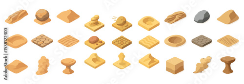 Desert and sand isometric icons set – flat, terrain, landscape design symbols