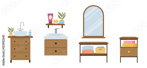 Bathroom furniture. Modern bathroom sink, towels, bath textile stand and mirror, bathroom interior elements flat vector illustrations set. Cartoon bathroom furniture