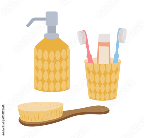 Bathroom care products. Beauty tooth and skincare, organic soap or lotion, tooth paste tubes and hair brush flat flat vector illustration. Cartoon bathroom elements