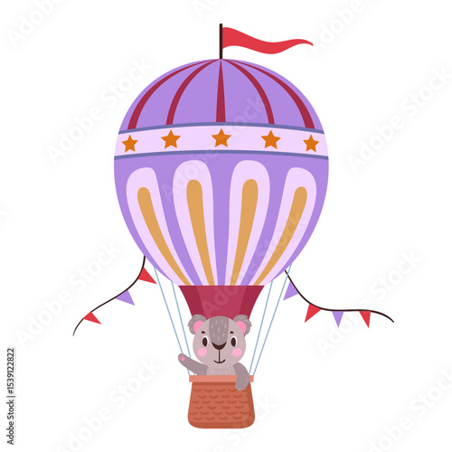 Cute koala flying on hot air balloon. Flying hot air balloon with animal on board flat vector illustration. Koala character flying on retro air transport