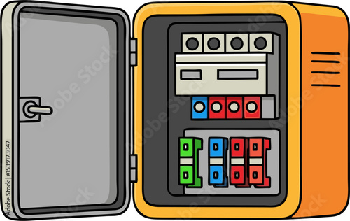 Open Orange Electrical Panel Box with Circuit Breakers and Fuses