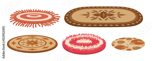 Textile rugs. Cartoon woven carpets, living room, bedroom or bath interior decor flat vector illustration set. Cozy carpets on white