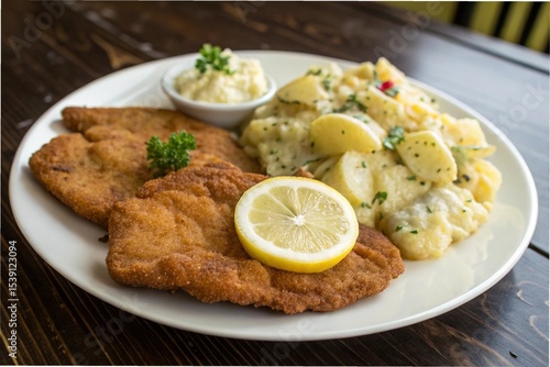 A plate of Wiener schnitzel with potato salad and lemon, on a dark wooden table