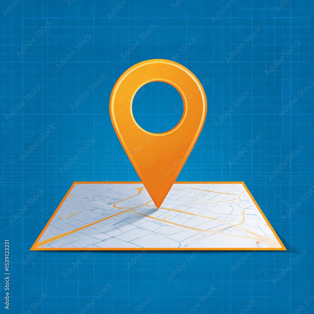 Fototapeta premium Map and pin pointer location, search travel navigation GPS concept. Minimal paper map and orange color navigator locator position point on blue background. 3d illustration