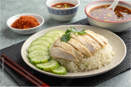 Hainanese chicken rice with chili sauce and cucumber slices on a grey dining table
