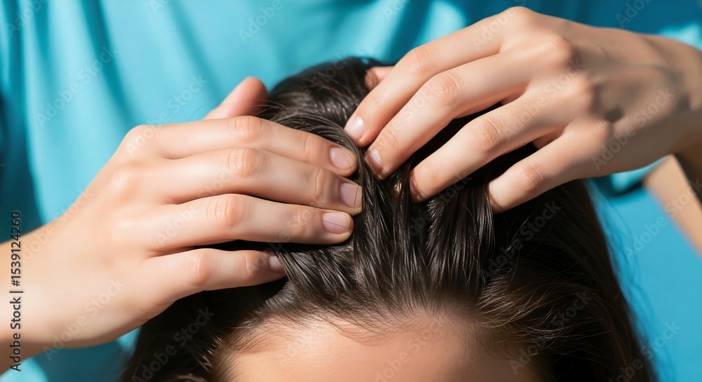 Fototapeta premium Therapist doing a scalp massage on a woman with wet hair. Hair care and trichology treatment for hair growth. Closeup of a relaxing spa procedure on blue background