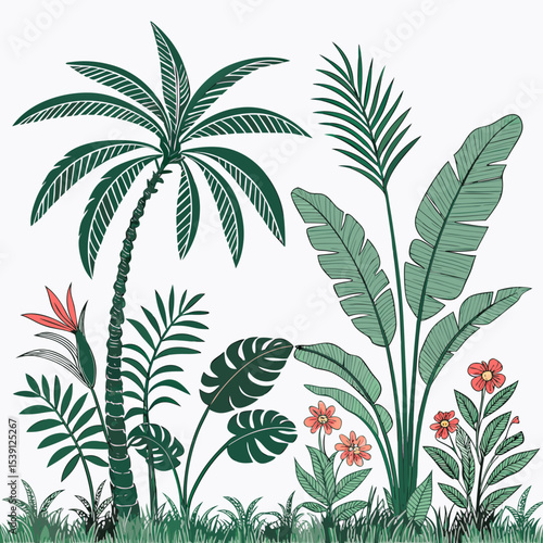Tropical vintage botanical palm trees, banana tree, green plants floral seamless border white background. vector	