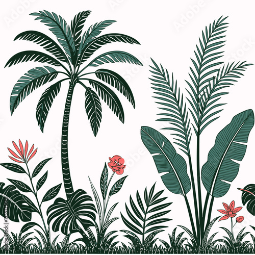 Tropical vintage botanical palm trees, banana tree, green plants floral seamless border white background. vector	