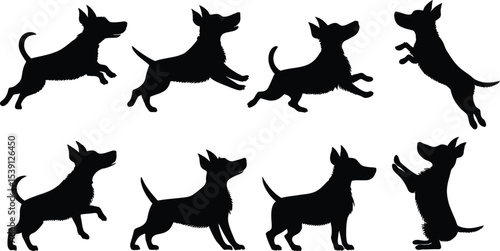 Eight small dog silhouettes in various poses silhouette.