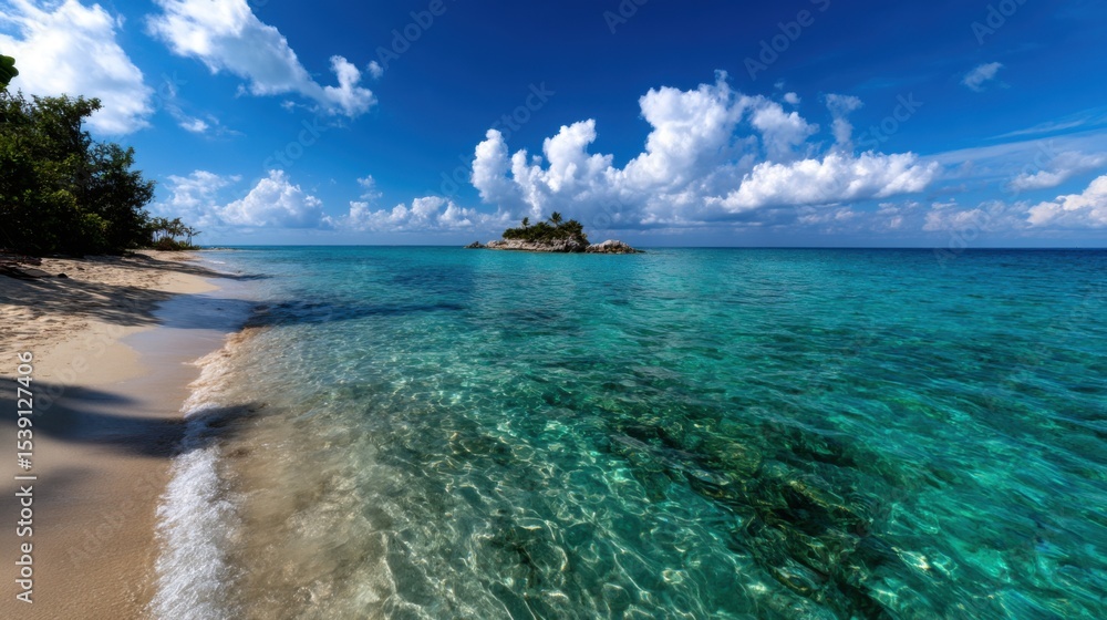 Fototapeta premium Crystal clear turquoise waters gently lap at the sandy shore of a tranquil tropical beach, framed by lush greenery and a distant island under a bright blue sky dotted with clouds