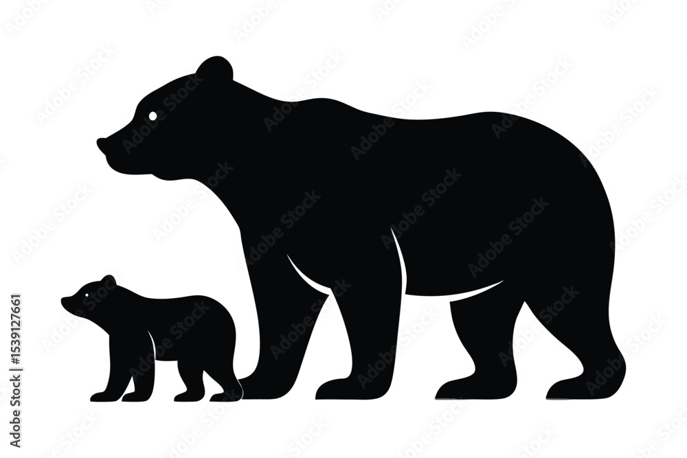 Fototapeta premium Silhouette of a bear with cub in natural setting vector illustration.