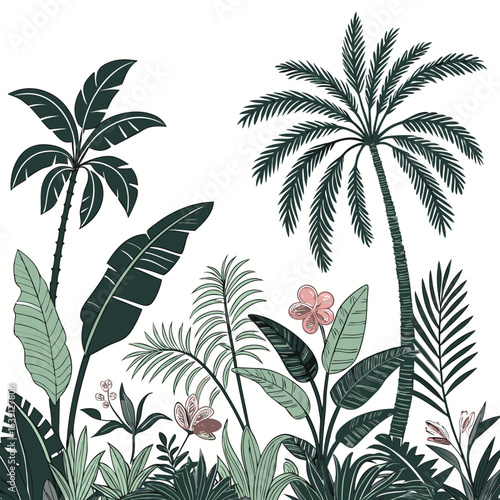 Tropical vintage botanical palm trees, banana tree, green plants floral seamless border white background. vector	