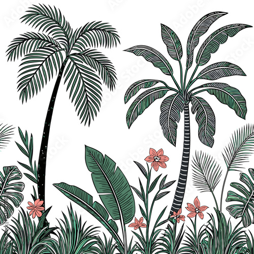 Tropical vintage botanical palm trees, banana tree, green plants floral seamless border white background. vector	