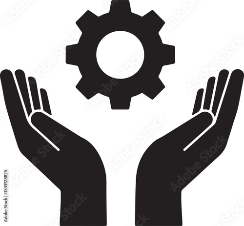 Illustrative Graphic Featuring Hands Gently Holding a Gear Symbolizing Support, Technology, or Collaboration in a Minimalist Style