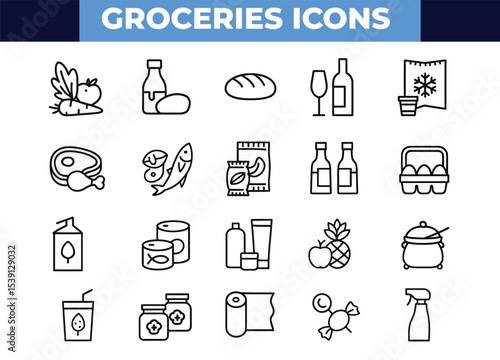 Groceries Icons Vector Set – Outline Style Food, Beverage, Packaged Goods, and Market Symbols for Delivery Apps, Shopping, and Retail UI