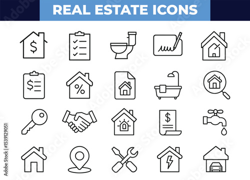 Real Estate Icons Vector Set – Outline Style Property, Home, Contract, and Utility Symbols for Housing, Rent, Buy, and Sell UI Applications