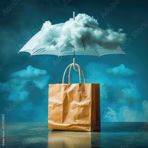 Shopping bag umbrella catching discounts from clouds, vibrant rain drops, cheerful sale concept, modern design, AI generated illustration.