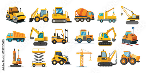 Collection of yellow construction vehicles and heavy equipment icons