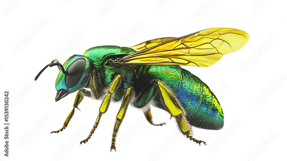 Fototapeta premium Isolated macro housefly with hairy legs and detailed wings on a white background