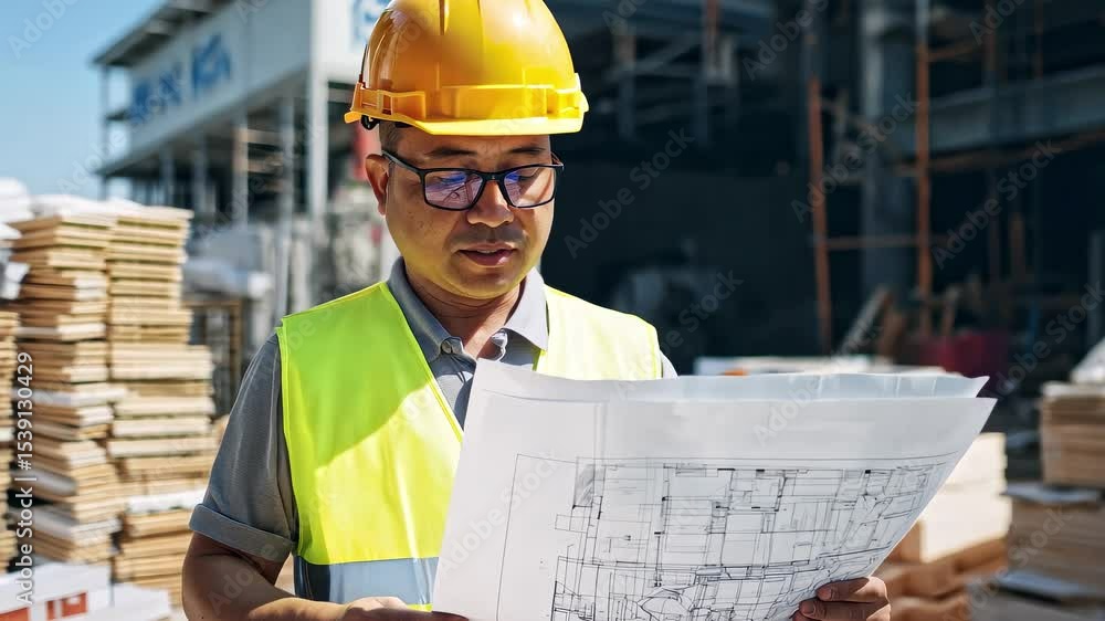 Construction professional carefully studying blueprints on site Construction professional carefully studying blueprints on site