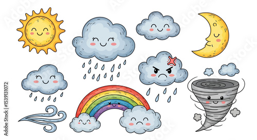 Cute Cartoon Weather Icons Sun, Clouds, Rain, Rainbow, Tornado