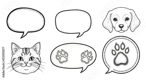 Cute Pet Portraits and Speech Bubbles Hand-Drawn Illustrations for Design Projects