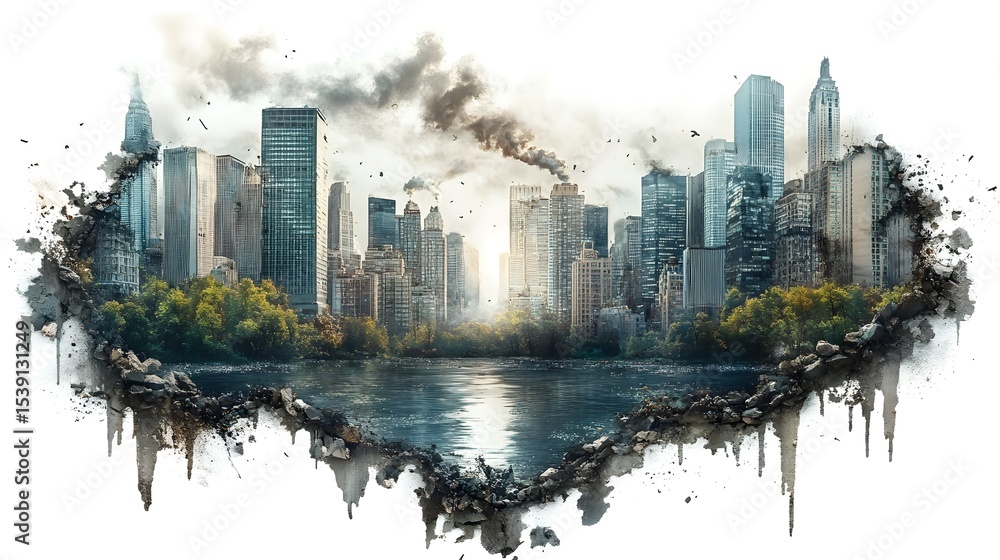 Obraz premium Bustling Cityscape with Towering Skyscrapers and Smoky Skyline at Sunset