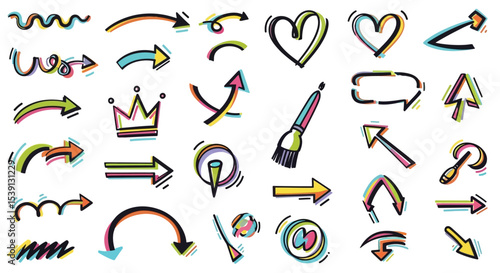 Hand-Drawn Arrows, Hearts, and Design Elements Colorful Vector Graphics