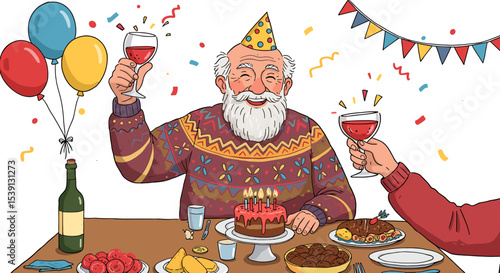 Grandpa clinking glasses at festive New Year’s dinner table  
