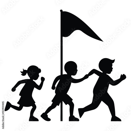 Children Running Around Flagpole Silhouette