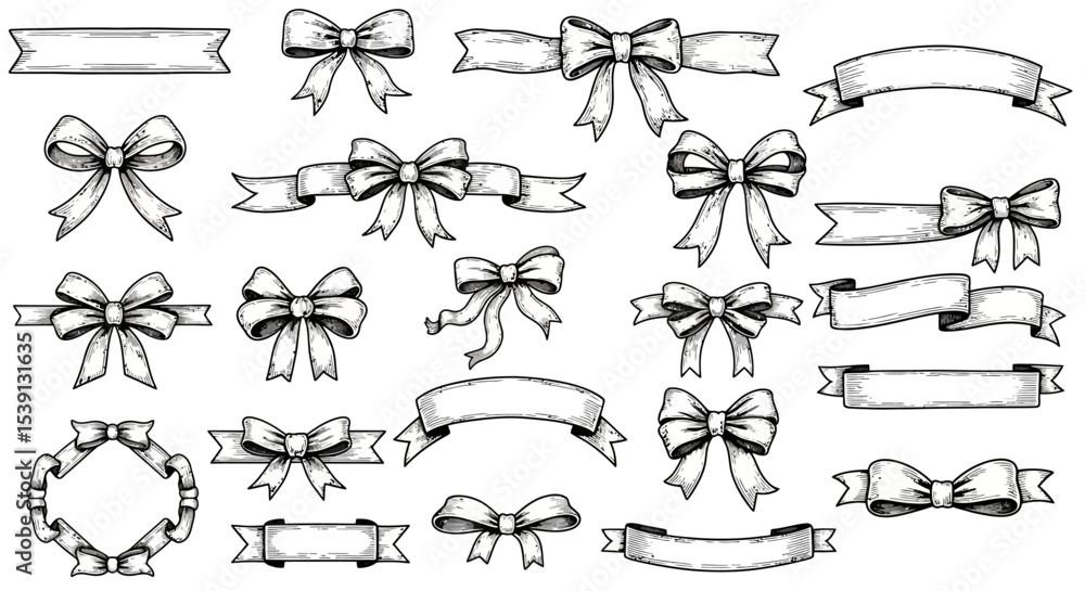 Fototapeta premium Hand-Drawn Bows and Banners A Collection of Decorative Elements for Design Projects