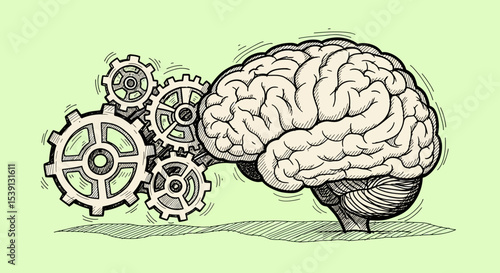 Human Brain with Interlocking Gears Illustration of Cognitive Processes