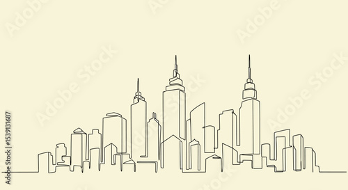 Continuous Line Drawing of a Modern City Skyline, Urban Architecture Illustration