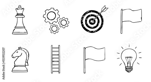 Hand drawn business strategy icons depicting chess pieces, gears, target, flags, ladder and lightbulb for success planning