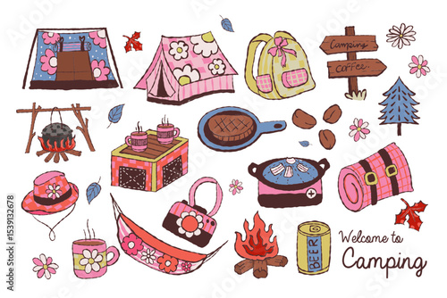 Retro groovy cute camping elements isolated on white background. Vector illustration.