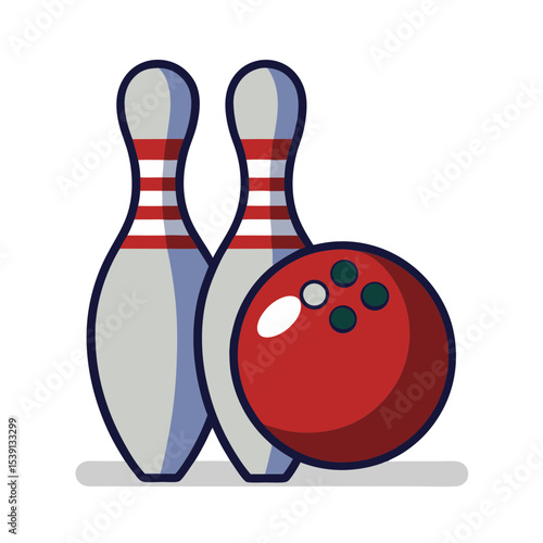 Stylized illustration of bowling pins and a bowling ball with a white background