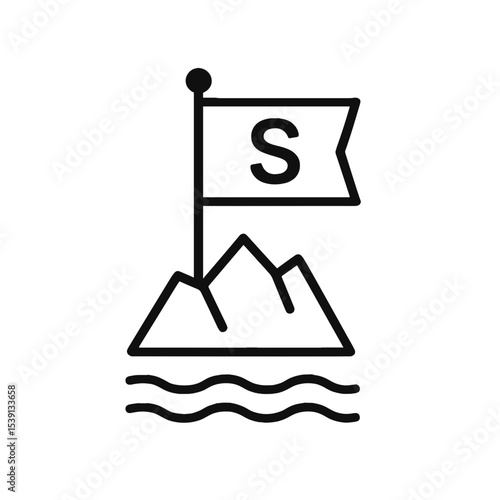 Simple line art of a mountain with a flag on water  
