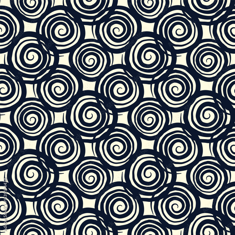 Small different dark blue spiral circles isolated on white background. Geometric monochrome seamless pattern. Vector simple flat graphic hand drawn illustration. Texture. Small different dark blue spiral circles isolated on white background. Geometric monochrome seamless pattern. Vector simple flat graphic hand drawn illustration. Texture.