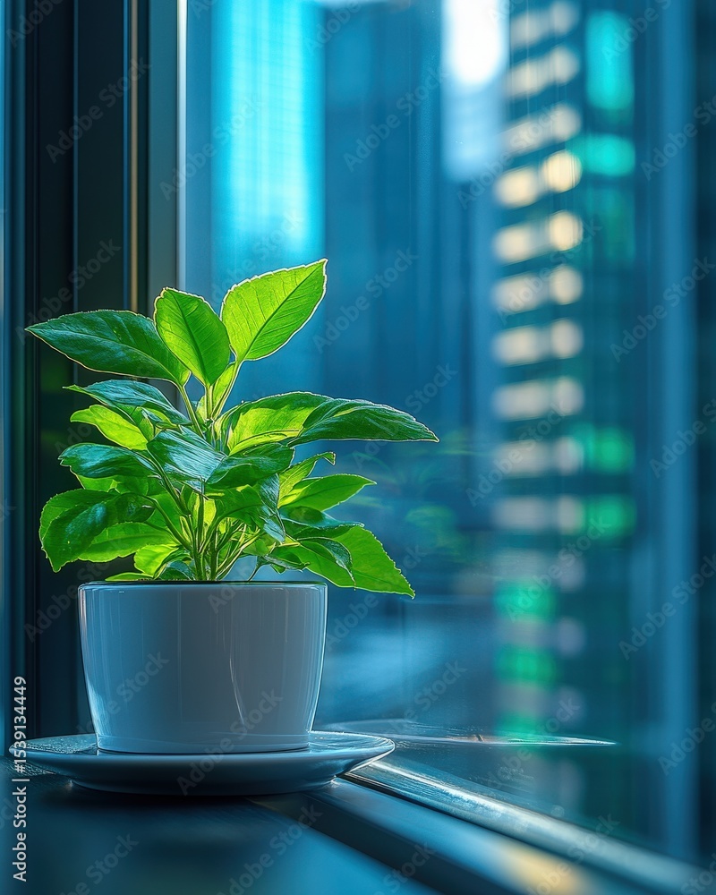 A small green plant in a white pot sits on a windowsill against a backdrop of outoffocus city buildings A small green plant in a white pot sits on a windowsill against a backdrop of outoffocus city buildings