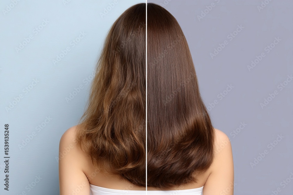 Fototapeta premium Before-after hair comparison on light background. Chic setup for beauty or grooming themes, ideal for glossy or renewed designs. Great for haircare or polished visuals.