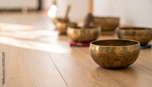 Several golden singing bowls on light-colored wooden floor.  Sunlit room in background