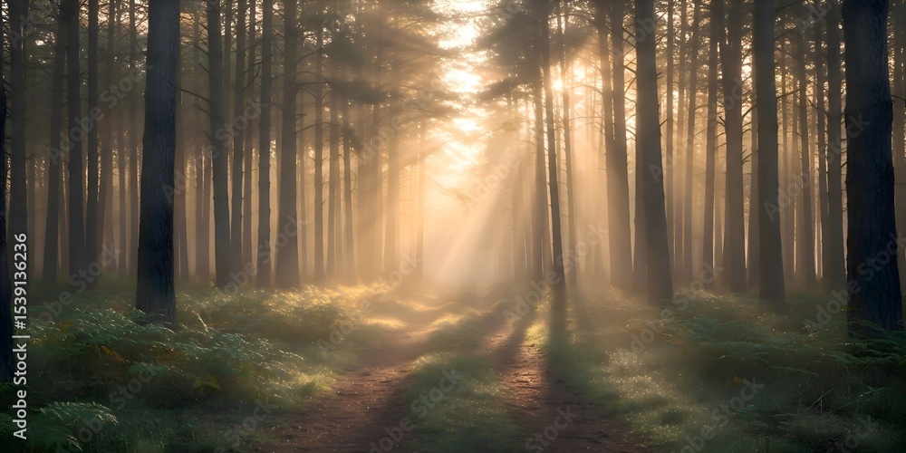 Fototapeta premium Sunbeams Illuminating a Misty Forest Path A Breathtaking Sunrise Scene