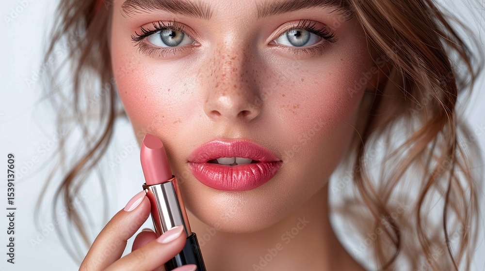 Fototapeta premium Nude lipstick natural portrait, Freckled beauty close up, Soft neutral makeup styling, Bullet lipstick detail, Studio minimal backdrop, Copy space