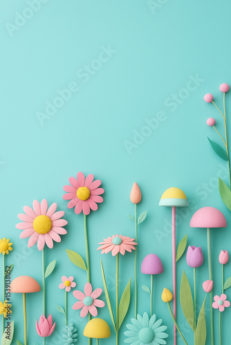 Pastel Paper Cutout Flowers on Aqua Background