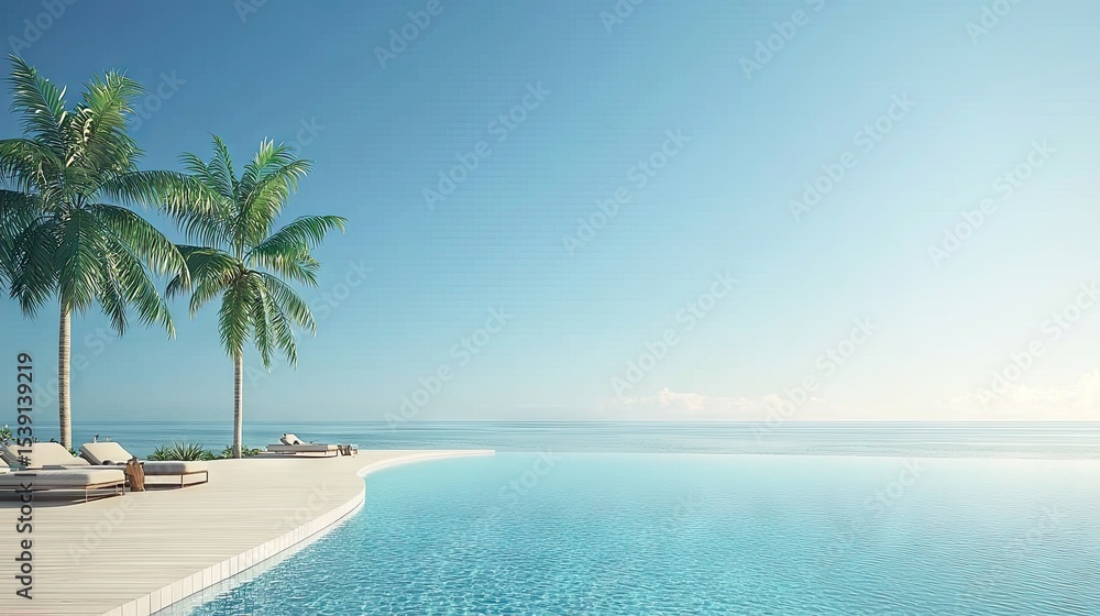 Fototapeta premium Tranquil infinity pool overlooking the ocean with palm trees.