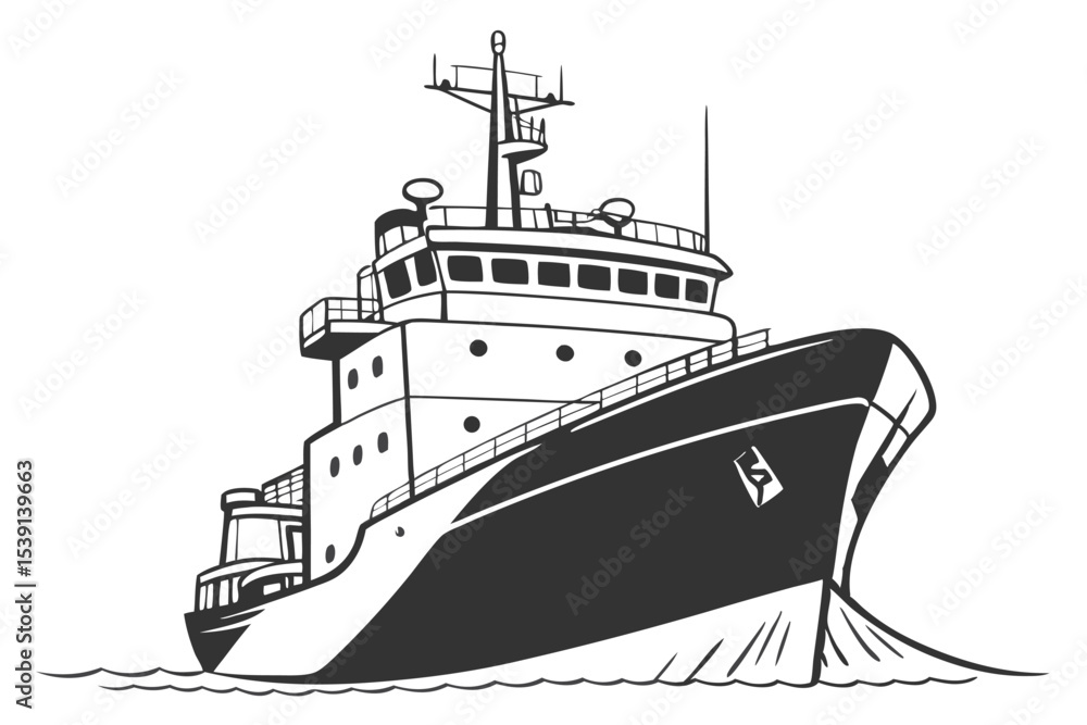 Fototapeta premium Monochrome Illustration of a Sturdy Ship Navigating Through Water Depicting Maritime Power and Strength