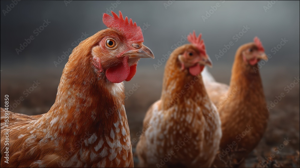 Fototapeta premium Three brown heritage chickens on white background