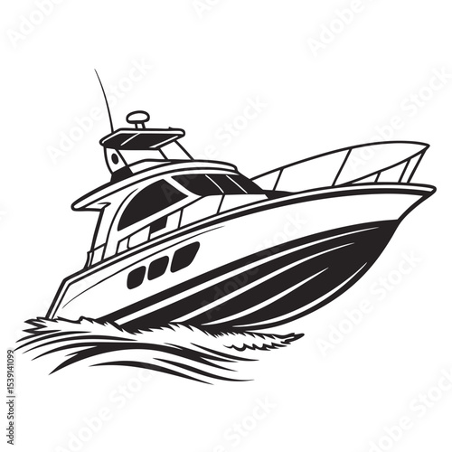 Dynamic Monochrome Motor Yacht Illustration Speeding Through the Water with Bold Black Inks and Elegant Artistic Design