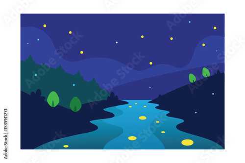 nighttime river with glowing fireflies